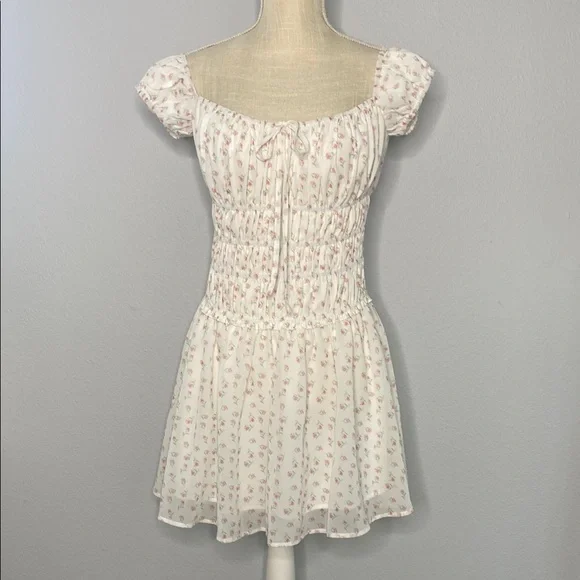 PEPPERMAYO Total Bliss Shirred Off-Shoulder White Floral Mini Dresses - Picture 3 of 8